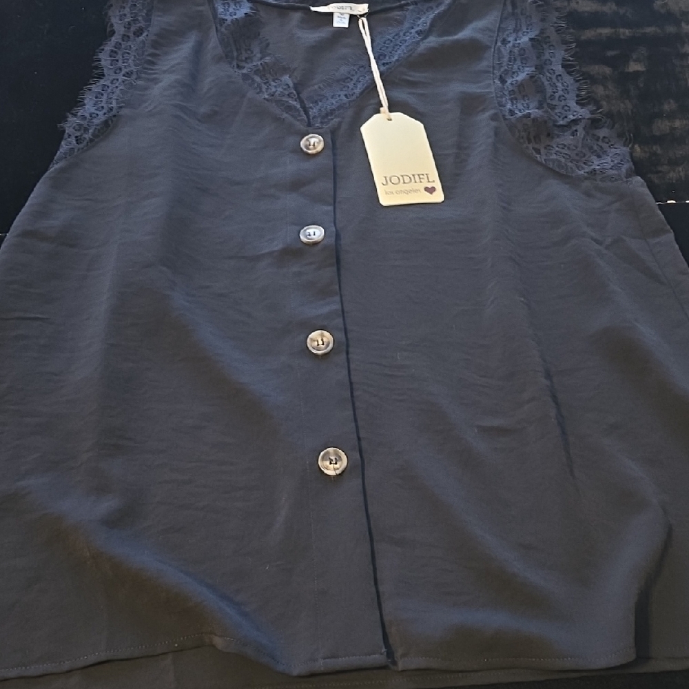 JODIFL Black Button Down Shirt with Lace Detail
